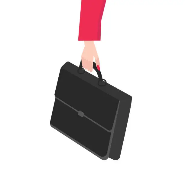 Vector illustration of A woman's hand holds a diplomat, a briefcase. Diplomacy, business, business woman. Flat illustration, vector.