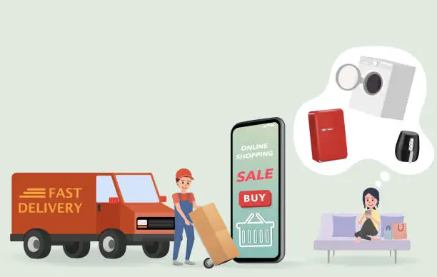 Vector illustration of A woman buys a lot of stuff at home.
