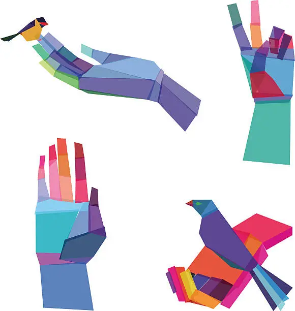 Vector illustration of Multicolored hands designs consisting of polygonal shapes