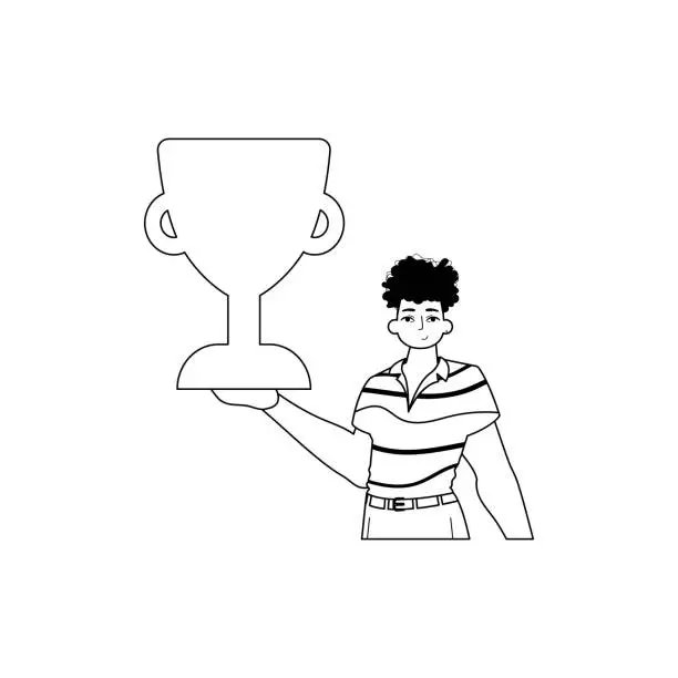 Vector illustration of The Guy is holding a cup . subject of victory . black and white linear style. Trendy style, Vector Illustration