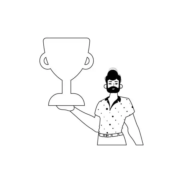 Vector illustration of The Guy is holding a cup . national of victory . black and white linear manner. Trendy style, Vector Illustration