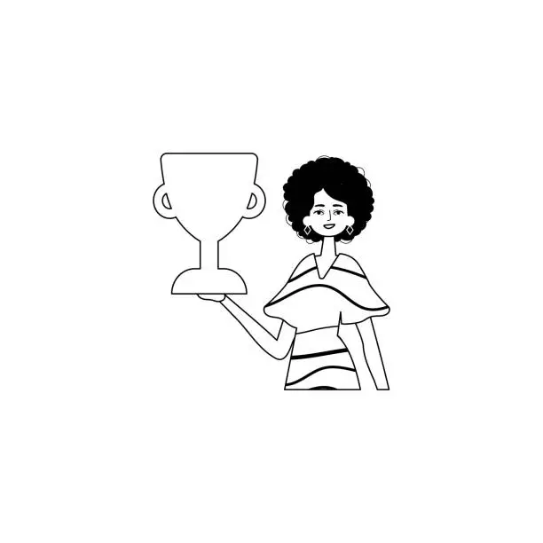 Vector illustration of The girlfriend is holding a cup . discipline of victory . black and blank linear style. Trendy style, Vector Illustration
