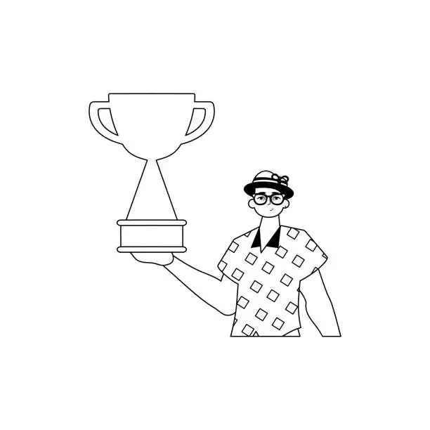 Vector illustration of The Guy is holding a cup . national of victory . black and whiten linear manner. Trendy style, Vector Illustration