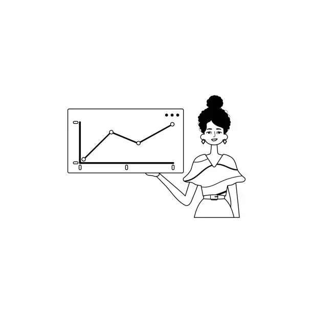 Vector illustration of The female child holds a graph of growth with positive dynamics . Black and white analogue style. Trendy style, Vector Illustration