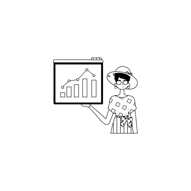 Vector illustration of The female child holds a graph of addition with cocksure moral propel . blacken and white analogue stylus. Trendy style, Vector Illustration