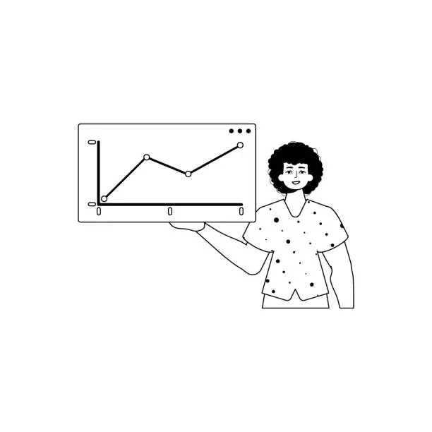 Vector illustration of The guy holds a graph of growth with positive moral force . black and white linear style. Trendy style, Vector Illustration