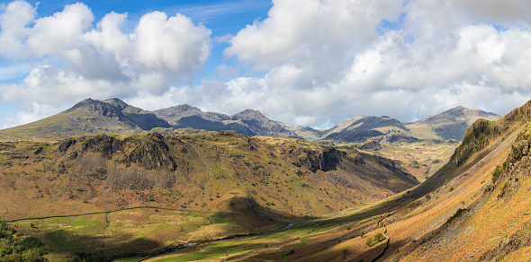 Views of Scafell Pike from Hardknott pass near Eskdale in the Lake District Cumbria north east England UK