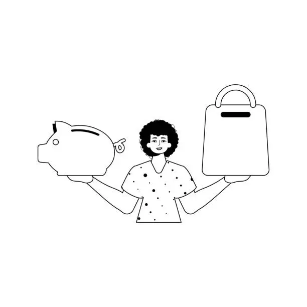 Vector illustration of The guy is holding a piggy bank and a denounce cart . black and White linear style. Trendy style, Vector Illustration