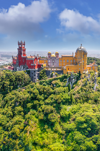 Pena Palace, Sintra, Portugal: An elevated view of the famous Pena Palace in Sintra, Portugal.