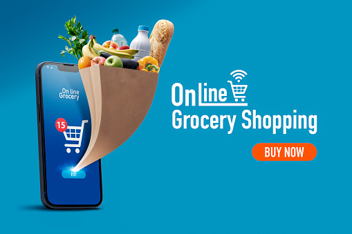 Online Grocery Shopping App And Grocery Bag Stock Photo - Download