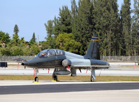 Modern air force training jet parked on a tarmac