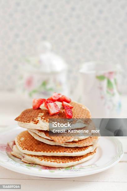 Strawberries Buttermilk Pancakes Stock Photo - Download Image Now - Berry Fruit, Breakfast, Butter