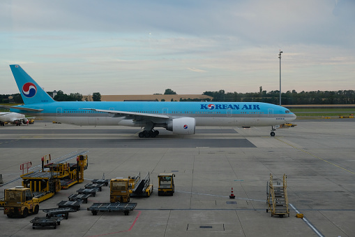 Vienna, Austria - 07 23 2023: Korean airplane boarding in Vienna Airport, Austria