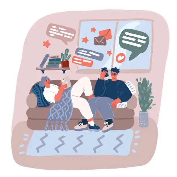 Vector illustration of Vector illustration of Family husband and wife relaxing together. People man and woman lying on sofa