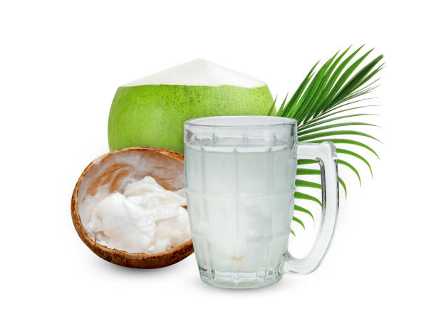 coconut juice in glass cup with green leaves pattern isolated on white background - tree isolated maple tree green imagens e fotografias de stock