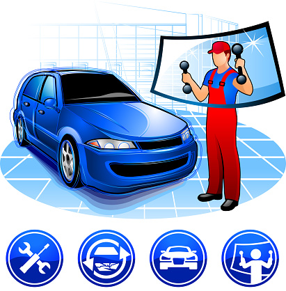Mechanic in auto repair shop Replacement car glass and a set of icons for service centers.