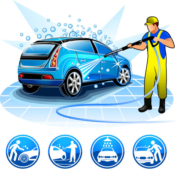 Guy washing car Brands battle guy washing car Brands battle and a set of icons for service centers. hose photos stock illustrations