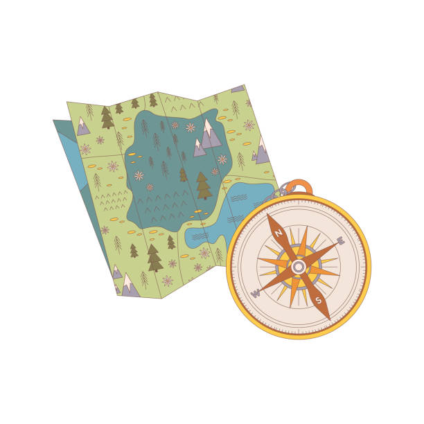 istock Map, compass. Drawn elements for camping and hiking. Wilderness survival, travel, hiking, outdoor recreation, tourism. 1568924259