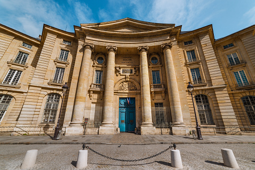 Paris, France - March 8, 2013: Sorbonne square. Name is derived from College de Sorbonne, founded in 1257 by Robert de Sorbon as one of the first colleges of medieval University in Paris