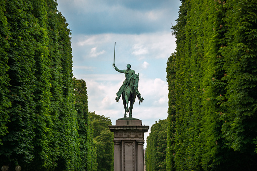 Equestrian statue of general Lafayette on the right bank of the Seine. 
Marie-Joseph Paul Yves Roch Gilbert du Motier de La Fayette, Marquis de La Fayette (6 September 1757 – 20 May 1834), known in the United States as Lafayette, was a French aristocrat, freemason, and military officer who volunteered to join the Continental Army, led by General George Washington, in the American Revolutionary War. 
The statue was located in a court of the Louvre in Paris in 1908, and was a gift from five million American school children; as a matter of fact, it is therefore known as The Children’s Statue of Lafayette. It was later relocated on the right bank of the Seine, where it still stands today.