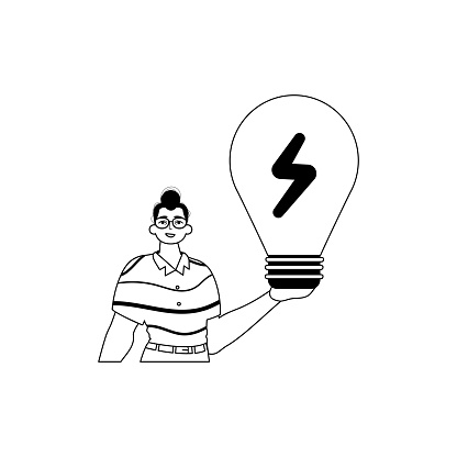 The Guy is holding a lightly drop light bulb . appraisal concept . bootleg and White analogue stylus. Trendy style, Vector Illustration