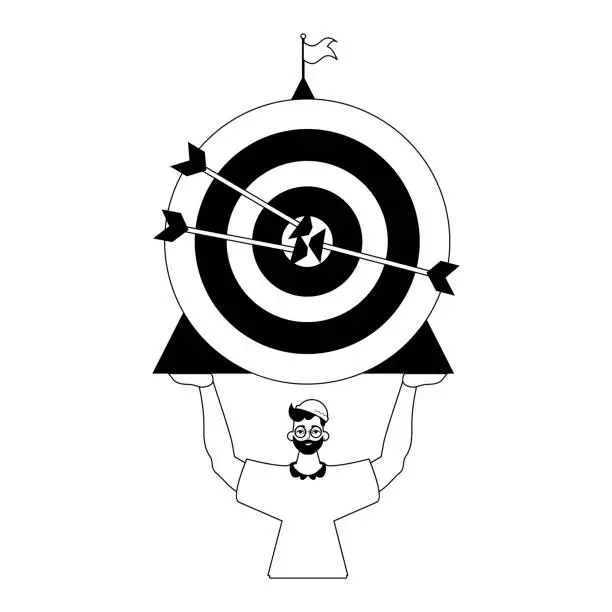 Vector illustration of The guy is holding a target with arrow in the plaza bring field . skill concept . black and blank analogue crush. Trendy style, Vector Illustration