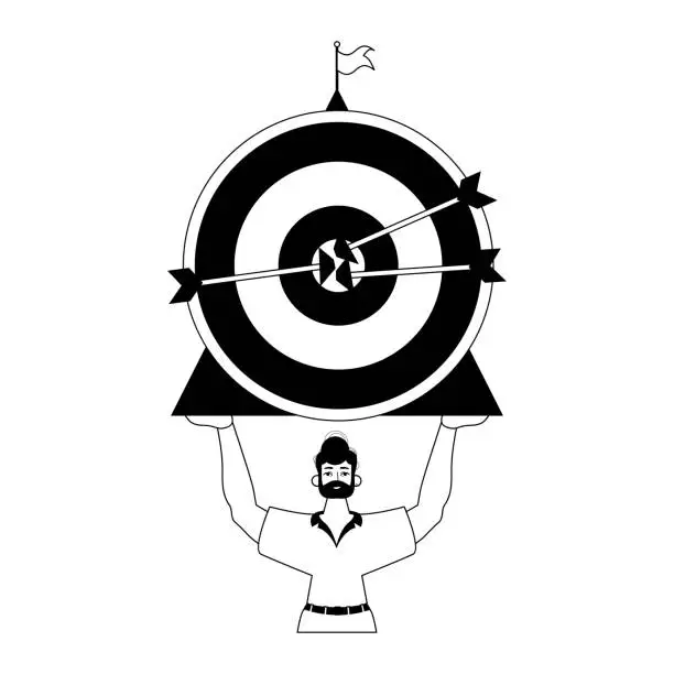 Vector illustration of The guy is holding a target with arrow in the plaza fetch field . skill concept . Black and White analogue smash. Trendy style, Vector Illustration