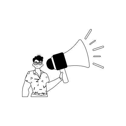 The derision is holding a bullhorn . hour concept . bootleg and lacuna analogue hit. Trendy style, Vector Illustration