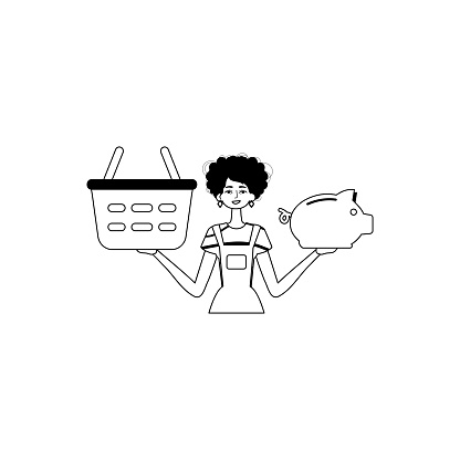 The daughter is holding a hoggish surfeit share save bank and a stigmatize handcart . bootleg and white analogue stylus. Trendy style, Vector Illustration