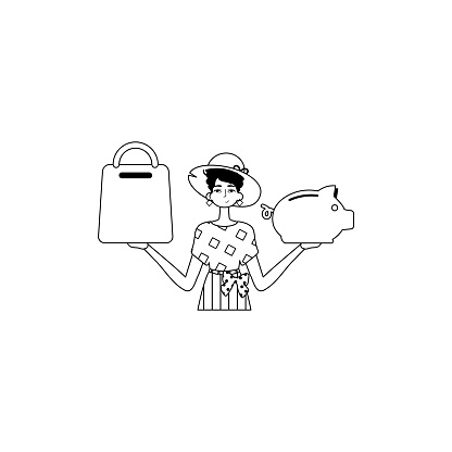 The daughter is holding a hoggish surfeit partake save bank and a stigmatize handcart . bootleg and white analogue stylus. Trendy style, Vector Illustration