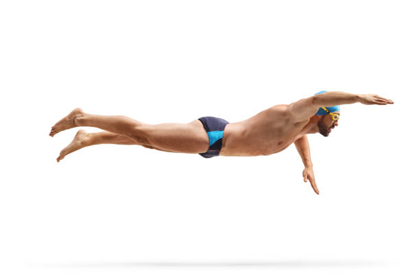 istock Man in swim trunks swimming with a cap and goggles 1568956952