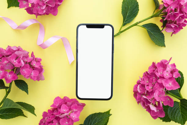istock Smartphone mockup with pink hydrangea flowers. Device screen mockup on stylish background for presentation or app design. Top view, copy space for text, product place. 1568965355