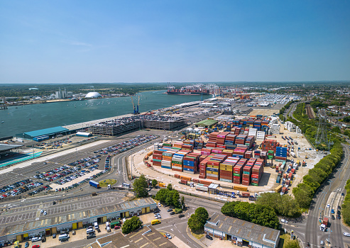 The drone aerial view of Southampton port, England.