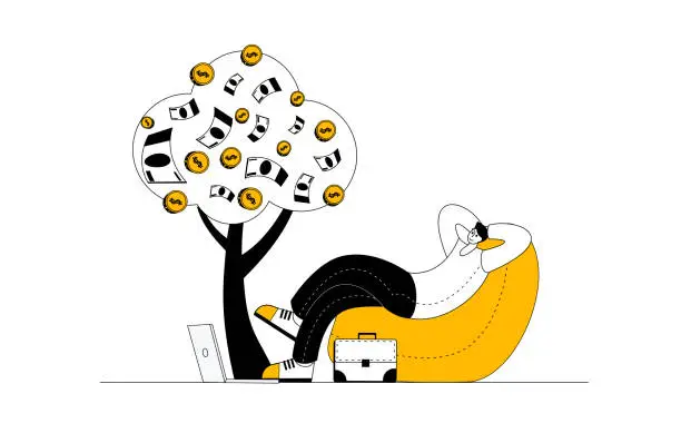 Vector illustration of A man sitting with a laptop. The character is admiring his money tree.