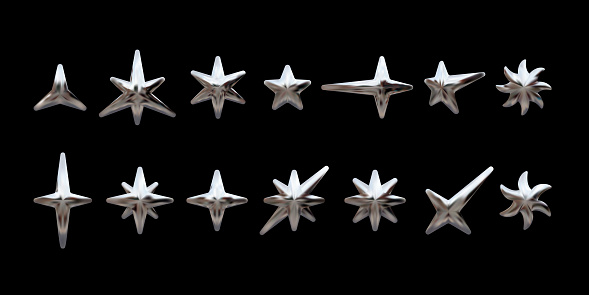 Y2K chrome stars in various shapes. Set of metallic vector elements in retro futuristic style