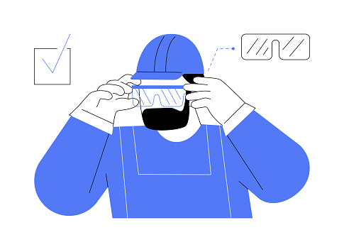 Eyes and face protections abstract concept vector illustration. Construction site worker in goggles with protected lenses, personal safety equipment for contractors abstract metaphor.