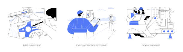 Road construction process abstract concept vector illustrations. Road construction process abstract concept vector illustration set. Road engineering, highway plan, construction site survey, excavation works, infrastructure building abstract metaphor. tunnel worker stock illustrations