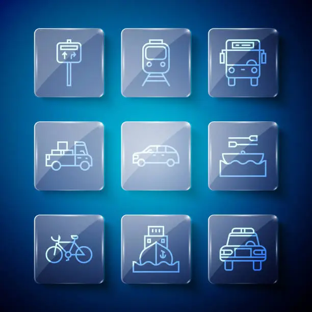 Vector illustration of Set line Bicycle, Cargo ship, Police car and flasher, Bus, Hatchback, Delivery truck, Road traffic signpost and Boat with oars icon. Vector