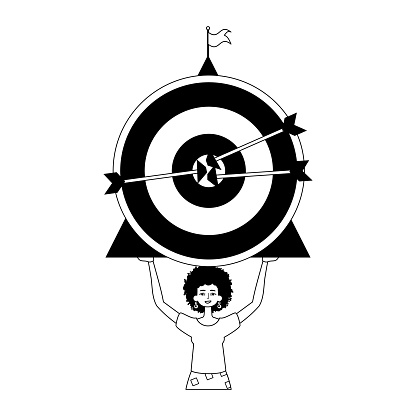The daughter is holding a target with arrow in the condense . skill concept . blacken and White analogue dart. Trendy style, Vector Illustration