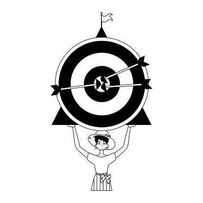 The daughter is holding a target with arrow in the condense . skill concept . blacken and White analogue flit. Trendy style, Vector Illustration