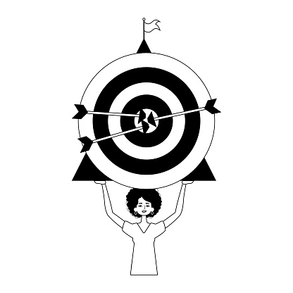 The daughter is holding a prey with arrow in the condense . skill concept . blacken and white analogue flit. Trendy style, Vector Illustration