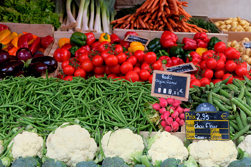 Assortment of vegetables on a market stall in France
