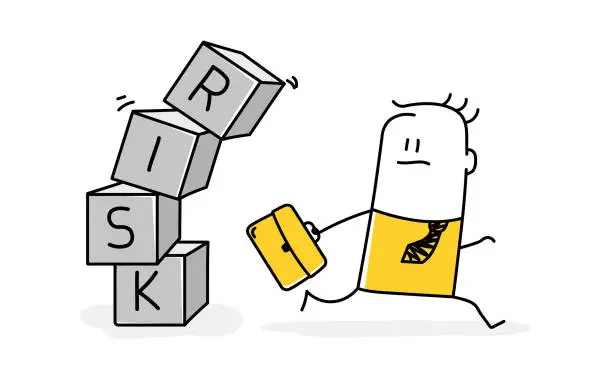 Vector illustration of Businessman investor run away from risk collapsing box.
