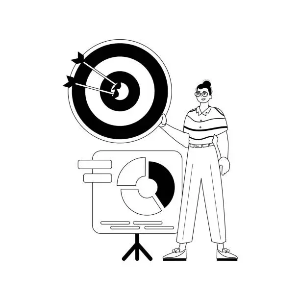 Vector illustration of The guy with the chart . The arrow hits the prey . Black and White linear stylus. Trendy style, Vector Illustration