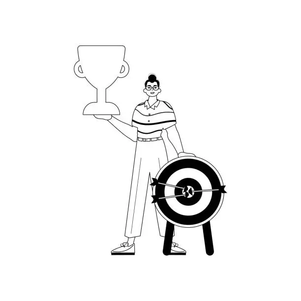 Vector illustration of The Guy is holding a cup . home of victory . entire dark and whiten linear manner. Trendy style, Vector Illustration
