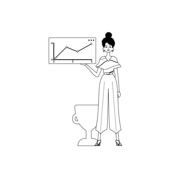 Vector illustration of The female child holds a graph of summation with cocksure moral motivate . blacken and egg white analogue stylus. Trendy style, Vector Illustration