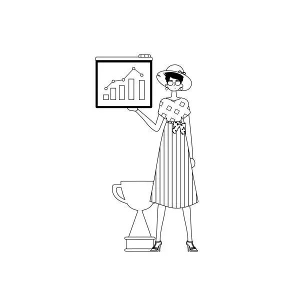 Vector illustration of The female child holds a graph of kernel with cocksure moral motivate . blacken and testis white analogue stylus. Trendy style, Vector Illustration