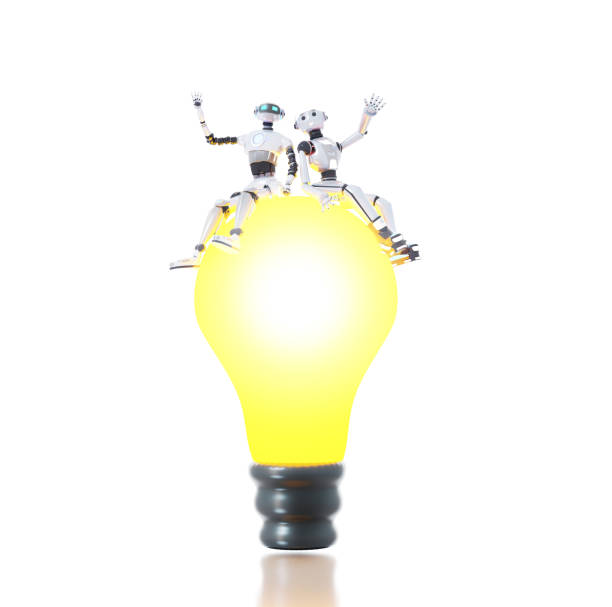 istock Robots sitting on  top of big light bulb. Robots VS humans. 3D rendering illustration 1569089092