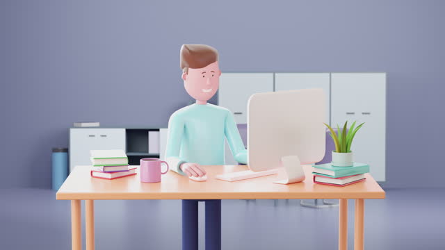 3d Animation business man working on computer desktop at home office.