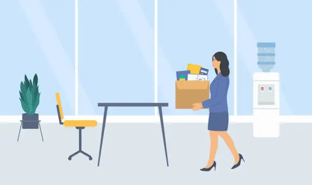 Vector illustration of Side View Of Young Business Woman Holding Cardboard Box With Belongings In Her New Office. Starting A New Job Concept